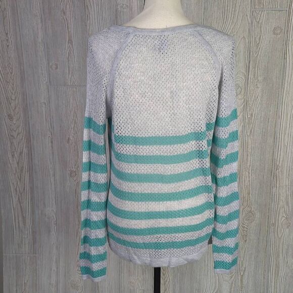 Converse One Star Womens XL Pullover Sweater Gray Turquoise Stripe Boat Neck - Picture 2 of 7